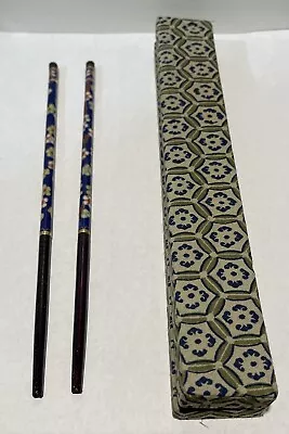 2 Vintage Cloisonne Chopsticks In Original Box Black Green Multicolor Floral • $19.99