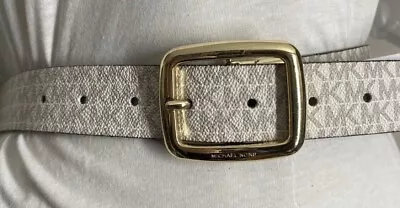 MICHAEL KORS BELT REVERSIBLE CHOCOLATE/VANILLA MK LOGO GOLD  BUCKLE Large B577 • $37.71