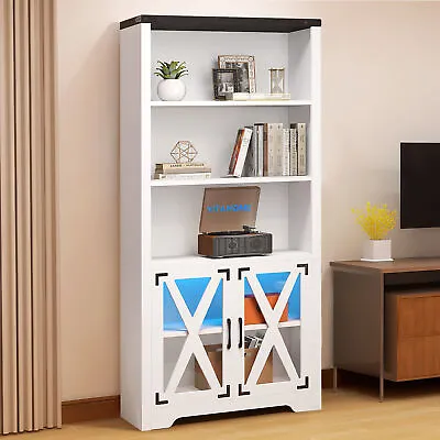 69  Storage Cabinet With LED Light 5 Tier Bookshelf Bookcase With Acrylic Doors • $145.99