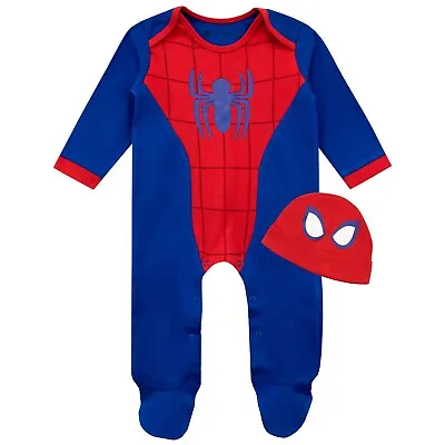 Baby Marvel Superhero Two Tone Spiderman Pop Button Sleepsuit Baby Grow Hat Set • £16.99