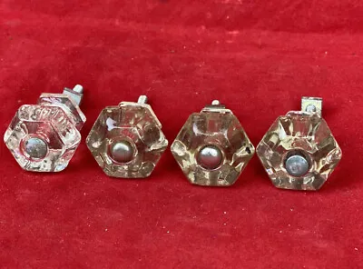 4 Vintage Glass Hexagon Pulls Knobs ~ Old Furniture Hardware No Chips Or Cracks • $24