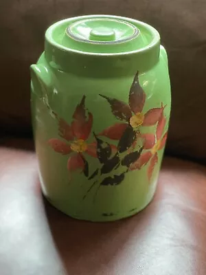 VINTAGE Cookie Jar  W/LID Yellow Ware Hand Painted FLORAL Pottery 10.5 H X 6.5 D • $32