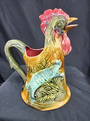 Majolica Rooster Pitcher - Frie Onnaing - 658 - France - Excellent Condition • $149.99