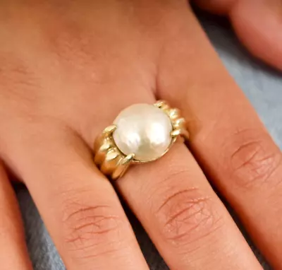 10K Mabe' Pearl Yellow Gold Claw Cocktail Ring Size 8.5 Wide Band CID Clyde Dune • $595