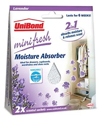 Unibond Minifresh Moisture Absorber Sachet Pack 2 Lavender - Car Wardrobe Drawe • £9.04