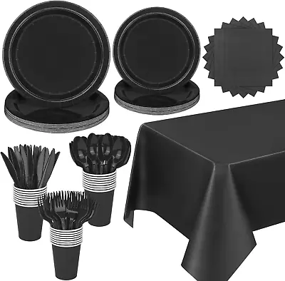 193 Pieces Black Party Supplies Include Disposable Dessert Paper Plates Cups Nap • £30.53