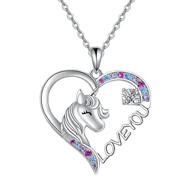 925 Silver Pated Bridal Heart Unicorn Crown Shinny Necklace Pendants Gift • £3.99