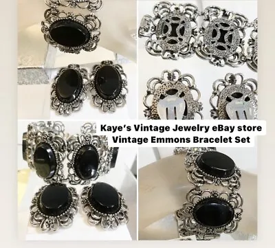 $35 • Buy Vintage Emmons Silver Tone Black Resin Bracelet & Clip On Earrings 7 1/4” 