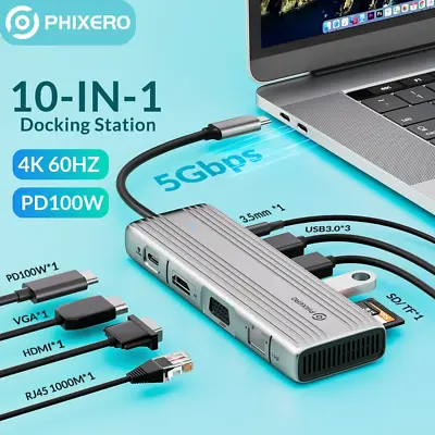 PHIXERO USB C HUB To 4K HDMI USB 3.0 PD 100W Power Adapter Docking Station • $26.59