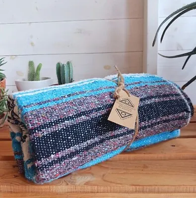 Mexican Falsa Blanket | Traditional Hand Loomed Rug  | Sky Blue  120cm × 185cm • £29.99