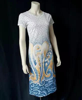 LANVIN Vintage 1970s POINTILLISM BLUE WAVE PRINT JERSEY SHEATH DRESS - S / M • $82