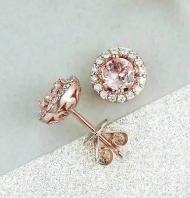 3 Ct Round Cut Lab-Created Morganite Halo Stud Earrings 14K Rose Gold Plated • $74.99