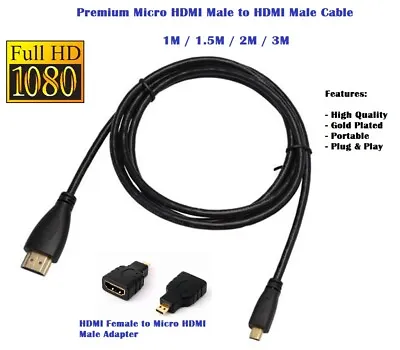 1m 1.5m 2m 3m HDMI To Micro HDMI 1.4 Male Adapter Convertor 1080p 4K Cable Lead • £2.89