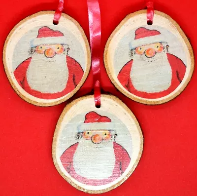 3 Wooden Wood Slice Rustic Decoupage Tree Decorations Ornaments Father Christmas • £5.50