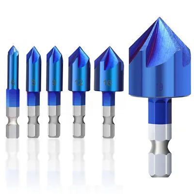 6 Pcs Countersink Drill Bits Set Counter Sinker Drill Bits 5 Flute 90 Degree • £9.49