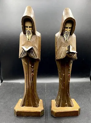 Vtg Pair 12  Wooden Hand Carved Monk Priest Folk Art Statue Reading  Bible  2 • $34.99