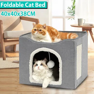 Cat Bed Cave Scratch Pad Ball Hanging Foldable Cat Hideaway Pet House Cube Condo • $18.69