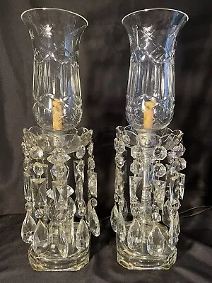 Vintage Huge Pair Hurricane Crystal Lamps Lustres Cut Glass Crystal Prisms • $489.99