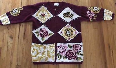 Rare Vintage Alice Inwonderland Jennifer Reed Handknit Sweater Ugly Fullzipclock • $39.99