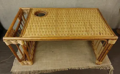 Vintage Wicker Rattan Bed TV Tray Bamboo Lap Breakfast Cup & Magazine Holder • $69