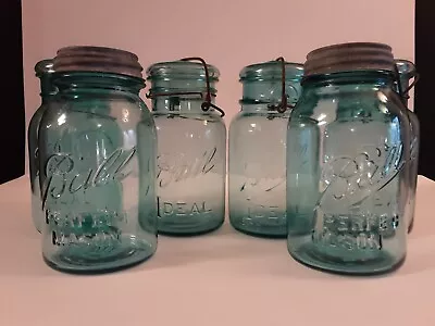 Vintage Blue Glass Ball Mason Jars Lot Of 6 Perfect Ideal Bicentennial Quart • $42.99