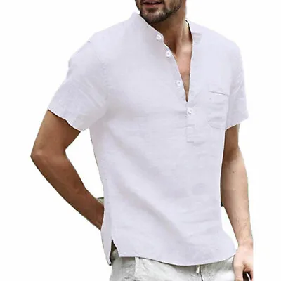 Men's Casual Blouse Cotton Linen Shirt Short Sleeve Summer Button-Down Shirts @ • $13.82