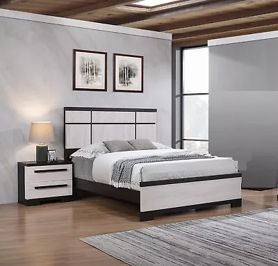 Black And White Rustic Wooden Panel Queen Size Bed 3pc Bedroom Set Furniture • $1049.99