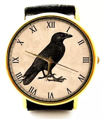 Gothic Crow Raven Vintage Ephemera Symbolic Art Solid Brass Leather Watch • $79.99