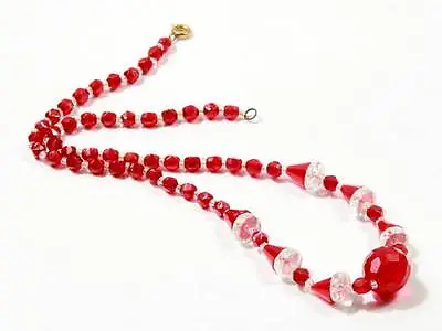 16  Vintage Czech Necklace Red English Cut Clear Rondelle Glass Beads • $18