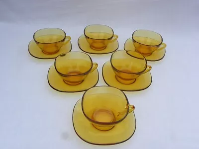 6 Vintage Vereco France Amber Glass Square Cups And Saucers • $39.99