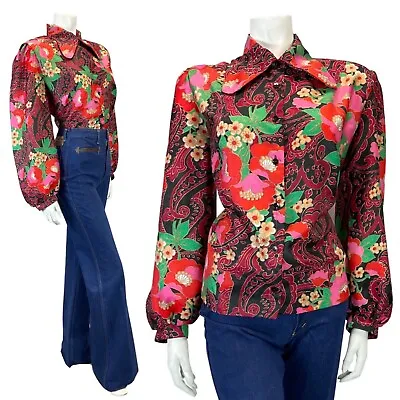VINTAGE 60s 70s RED BLACK GREEN PSYCHEDELIC FLORAL BEAGLE COLLAR BLOUSE 16 • £40