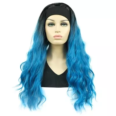 24  Long 3/4 Wavy Wigs Black Blue Ombre Hair Headband Cosplay Halloween Wig   • £18.59