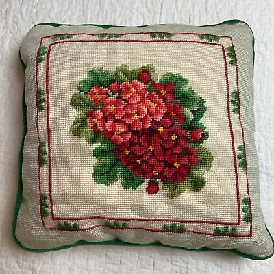 Vintage Needlepoint Pillow Green Velvet Pink Hydrangea Flowers • $24.87