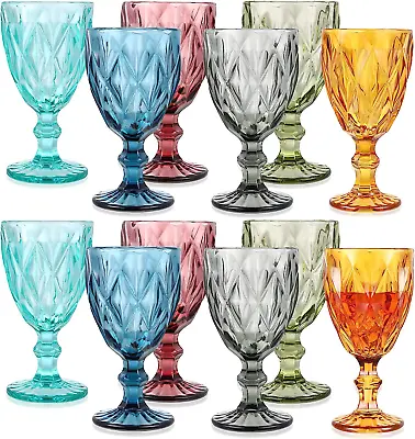 Set Of 12 Vintage Glass Goblets Bulk 10 Oz Multi Colored Stemware Wine Glasses • $65.33
