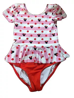 Hanna Andersson Disney Swimsuit Girls Mini Mouse Ears Stripe Polka Dot Sz 10 140 • $31