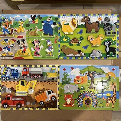 Lot Of 3 Melissa & Doug Chunky Wooden Puzzles Disney Pets Construction + Bonus • $39.99