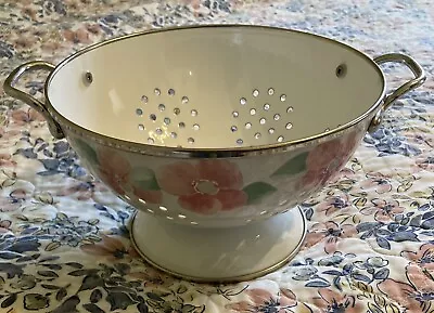 *VINTAGE* White Enamel Colander - Flowers / Silver Edge & Handles (5” Tall) • $19.99