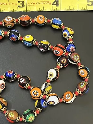 Vintage Murano Millefiori Necklace Beaded Glass Bead Knotted Estate Jewelry 19” • $52