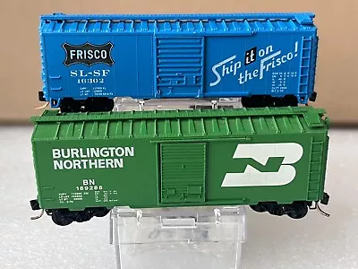 2 N Scale Burlington Northern/Frisco Box Cars BN 189288 SLSF MTL Trucks/Couplers • $32.99