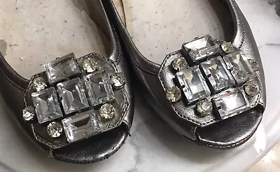 ME TOO Flat Shoes Open Toe Rhinestone Bling Buckle Silver Leather Nolano Size 6M • $18.71
