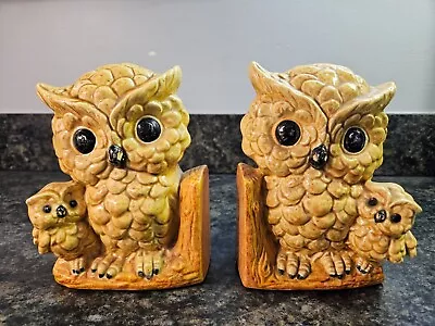 Vintage Hand-Painted Ceramic Owl Bookends *So Cute* Owl With Owlet • $18.99