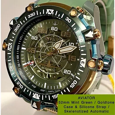 Mint Green/Goldtn AVIATOR Skeletonized 52mm Mint Green Strap Auto Mens Watch • $239