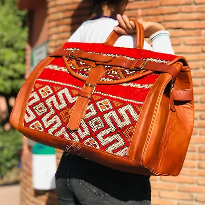 Moroccan Black Leather Weekender Bag Made Of Handmade Antique Carpet • $159.99