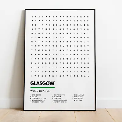 £43.95 • Buy Glasgow Scotland Wordsearch Style Art Print A3 A4 Framed Unframed Wall Art