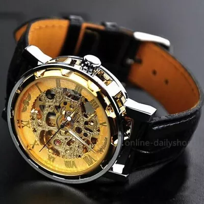 Luxury Men's Skeleton Leather Steampunk Mechanical Wrist Watch Gold • $23.99