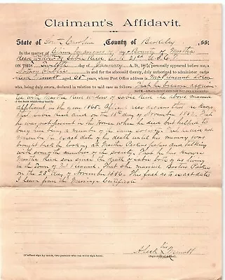 1895 Mt Pleasant Sc Affidavit For Arrears Of Pay & Bounty Sabie Reed   Z3804 • $51.74