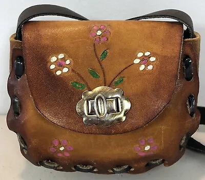 Mexican Tooled Leather Mini Shoulder Boho Bag Purse Brown Floral 5” X 5” • $21.14