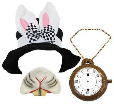 Black Top Hat With Bunny Ears White Rabbit Kit Fancy Dress Costume Accessory Set • £8.99