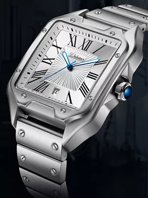 Santos Style Men's Mechanical Automatic Watch Business 3 Bar Square Dial Date • $69.99