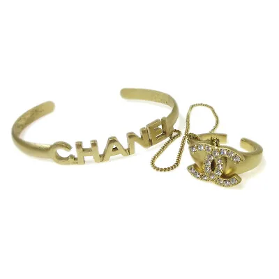 CHANEL CC Logos Rhinestone Bangle Chain Ring #6 Gold-Tone 01C Vintage 03664 • $1280